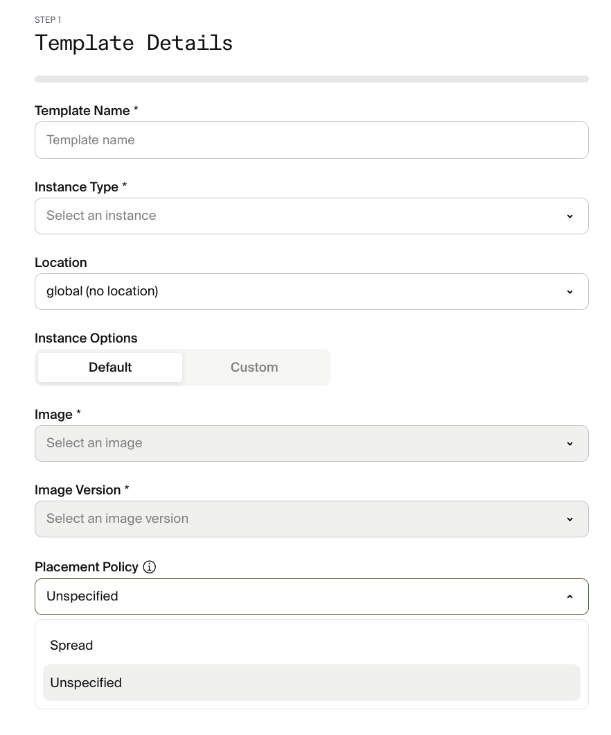 Placement Policy dropdown set to Spread on the Template Details step of Create Template