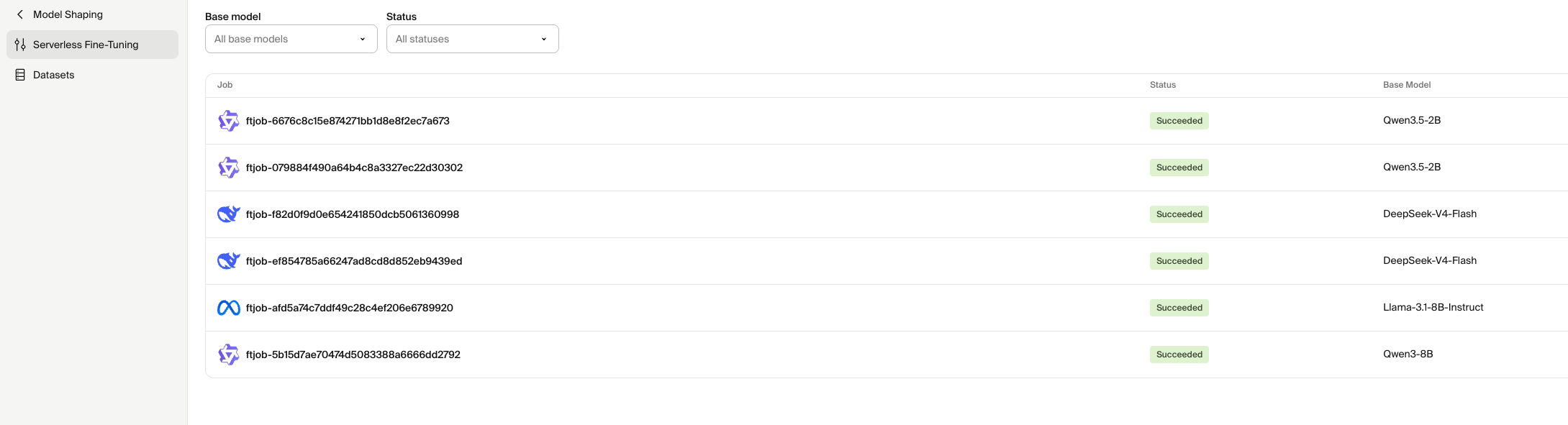Fine-tuning job details page showing loss curves and saved checkpoints