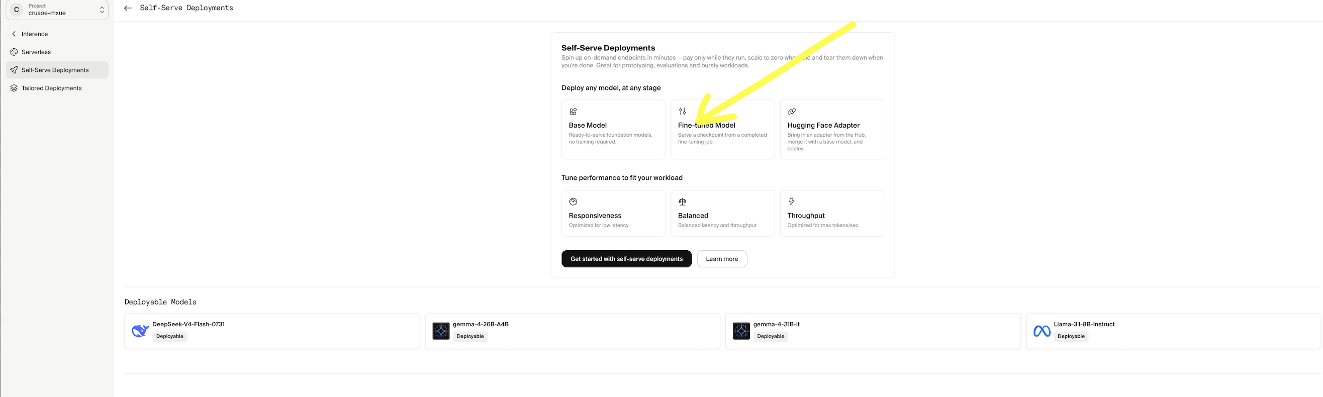 Create deployment form with base model and fine-tuned checkpoint selected