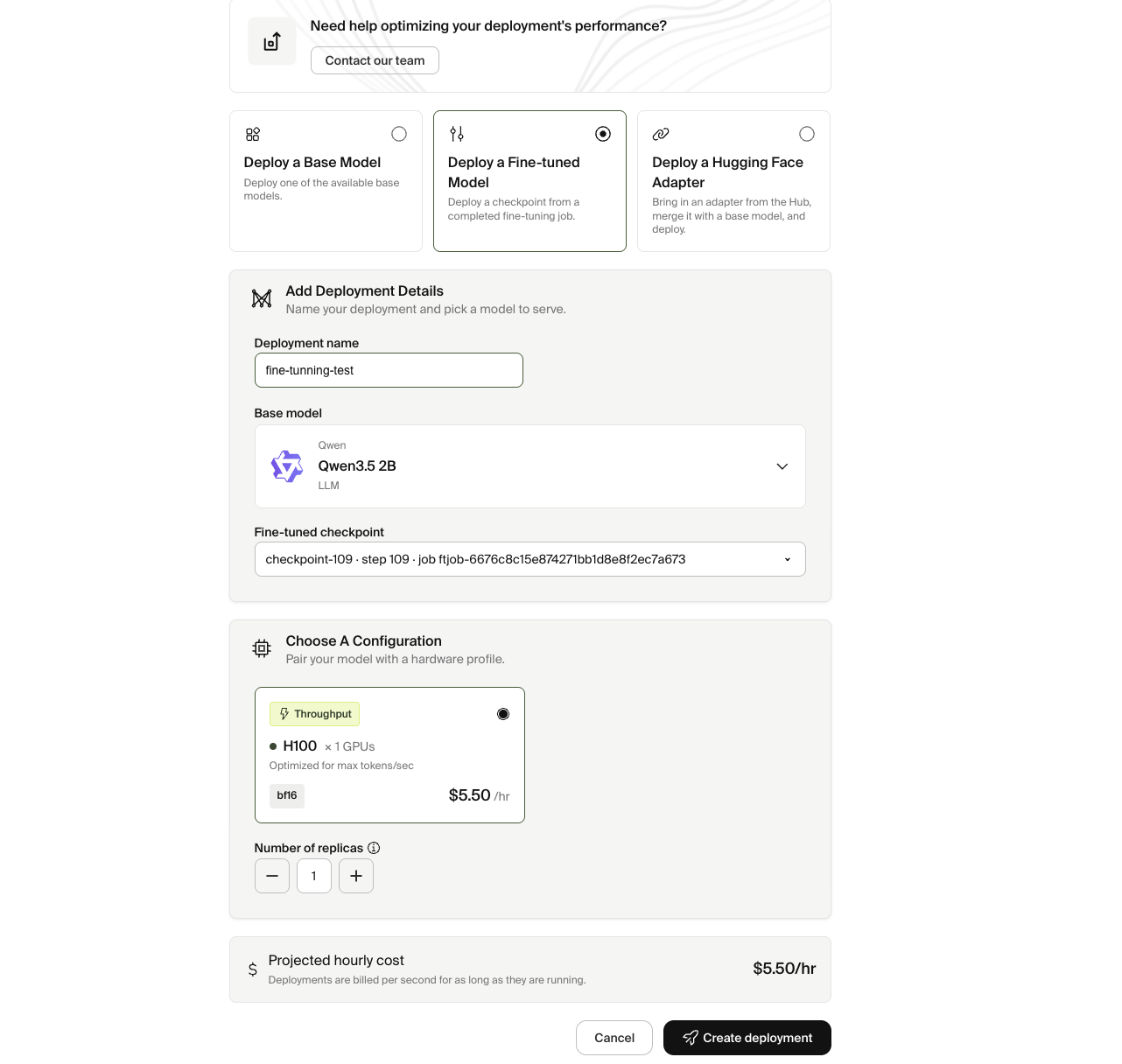 Create deployment form showing configuration, replica count, and deployment name