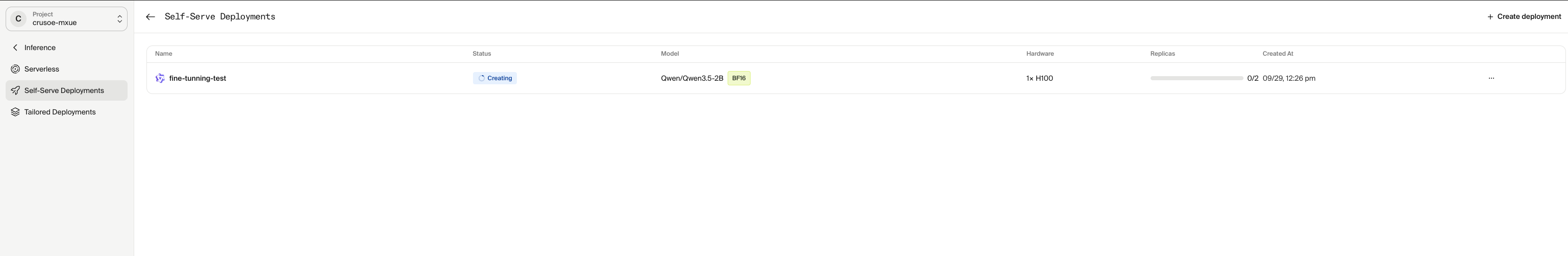 Self-Serve Deployments table with a deployment in the Creating state